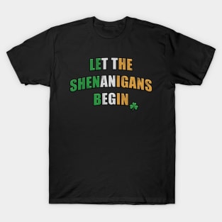 Distressed Let the Shenanigans Begin Irish Flag with Shamrock T-Shirt